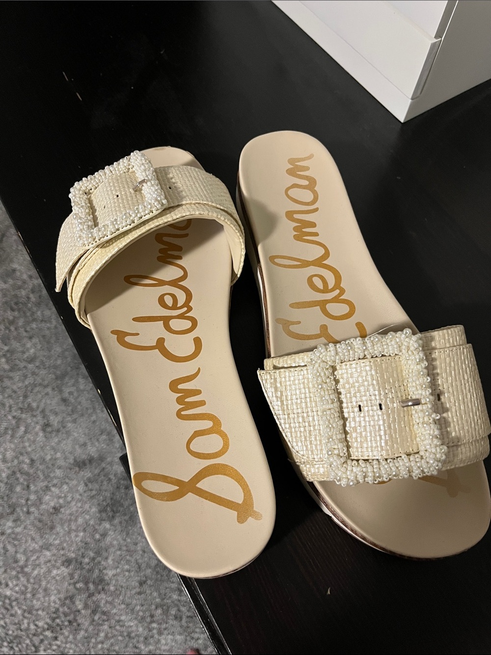 Sam Edelman Ivory Beaded Buckle Slide Sandals size 9
